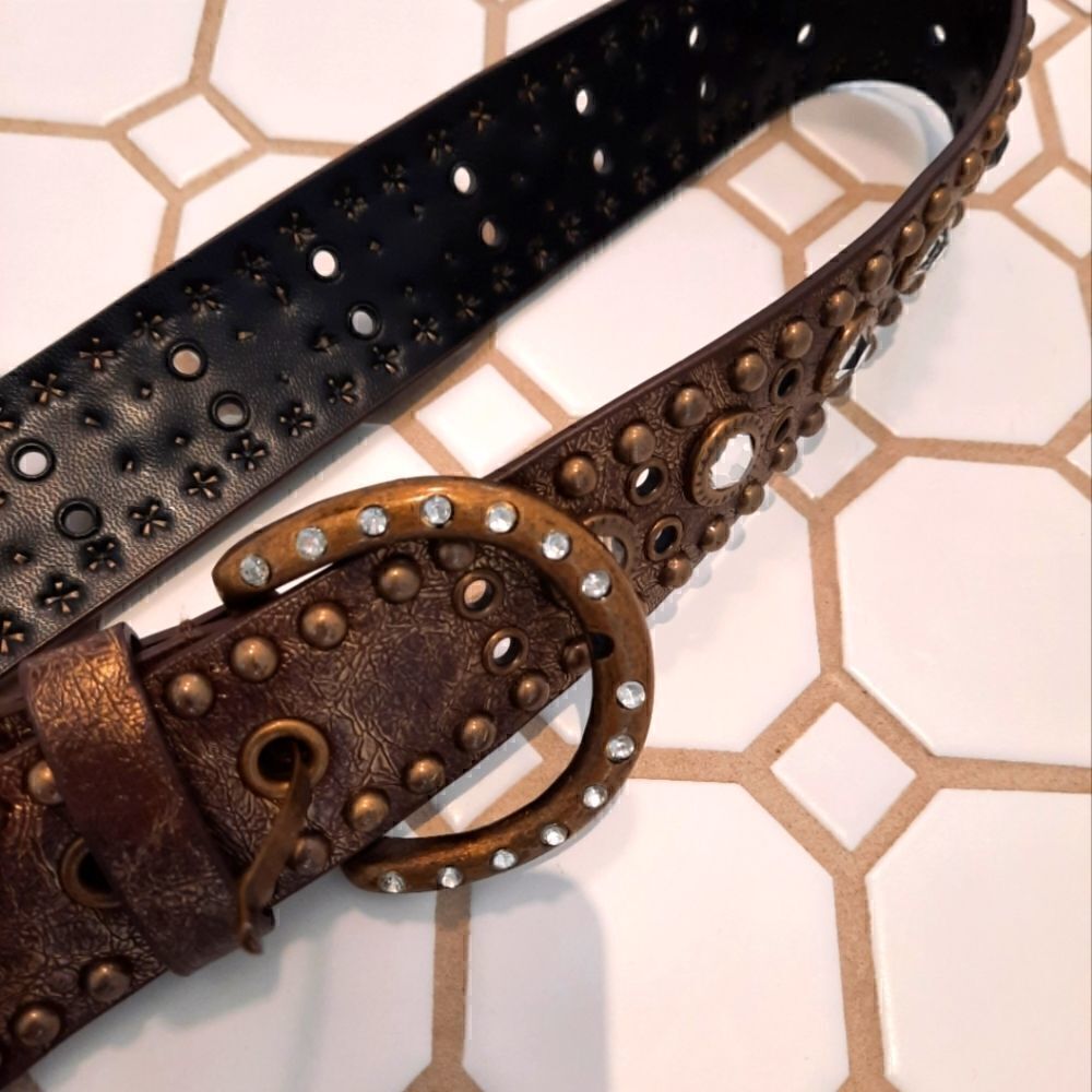 Rolfs Faux Leather Belt Golden Metallic Brown with Rhinestones